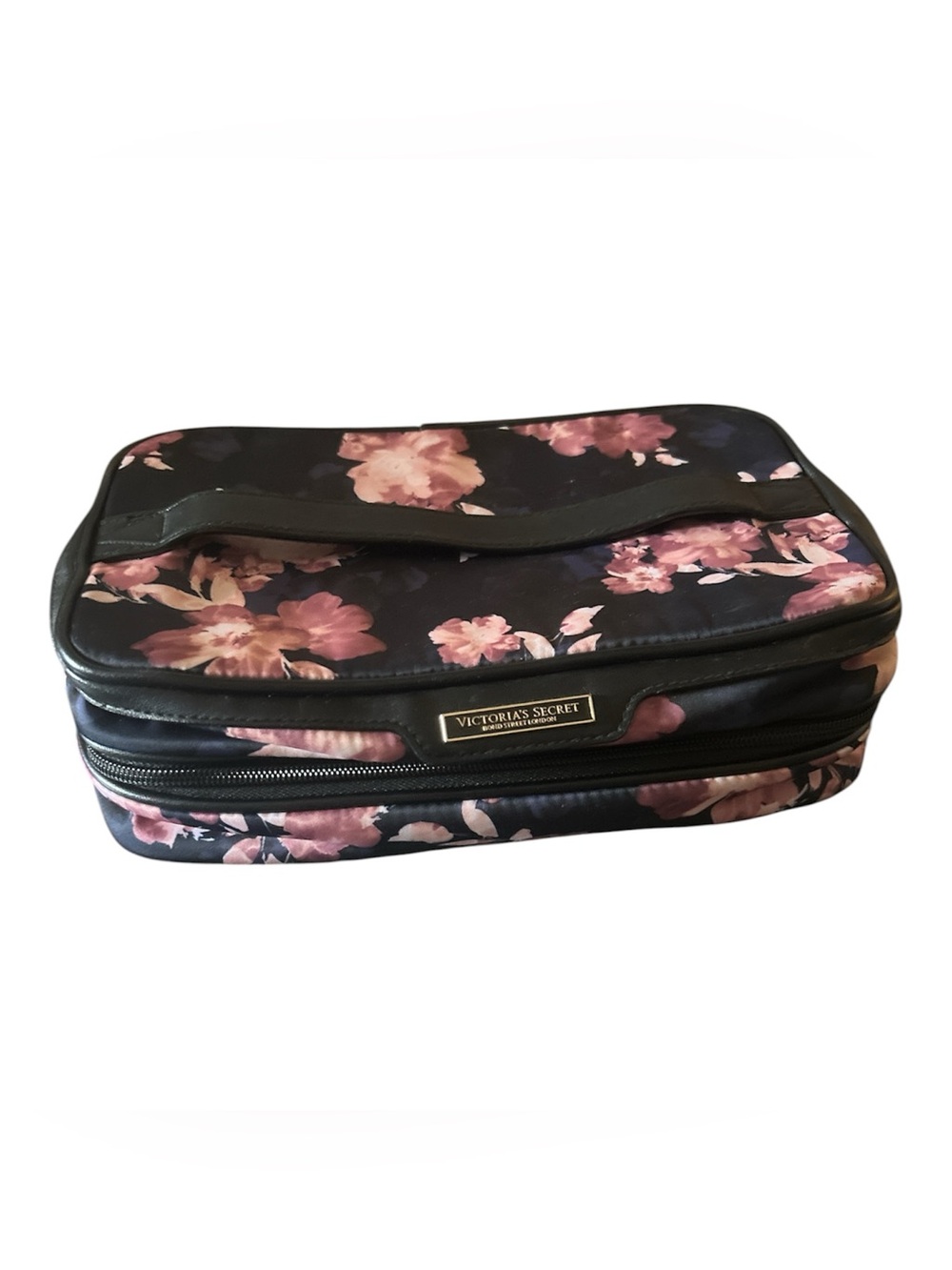 Victoria's Secret Black Cosmetic Case with Pink Floral Night Blooms Print EUC - Picture 1 of 8